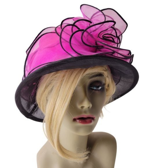 Pink and Black Ruffles Organza Packable Adjustable Dress Hat - Picture 6 of 16